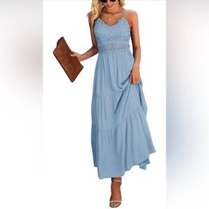 Dokuritu Crochet Lace Maxi Dress Solid Color Spaghetti Strap Long Dress